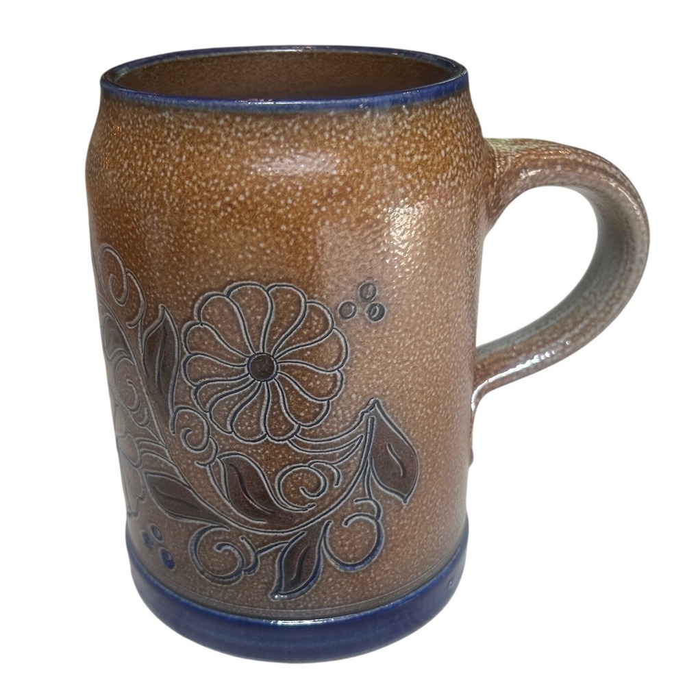 Vintage Salt Glazed Stoneware Beer Stein Cobalt Blue Floral Incised Mug 6 inch